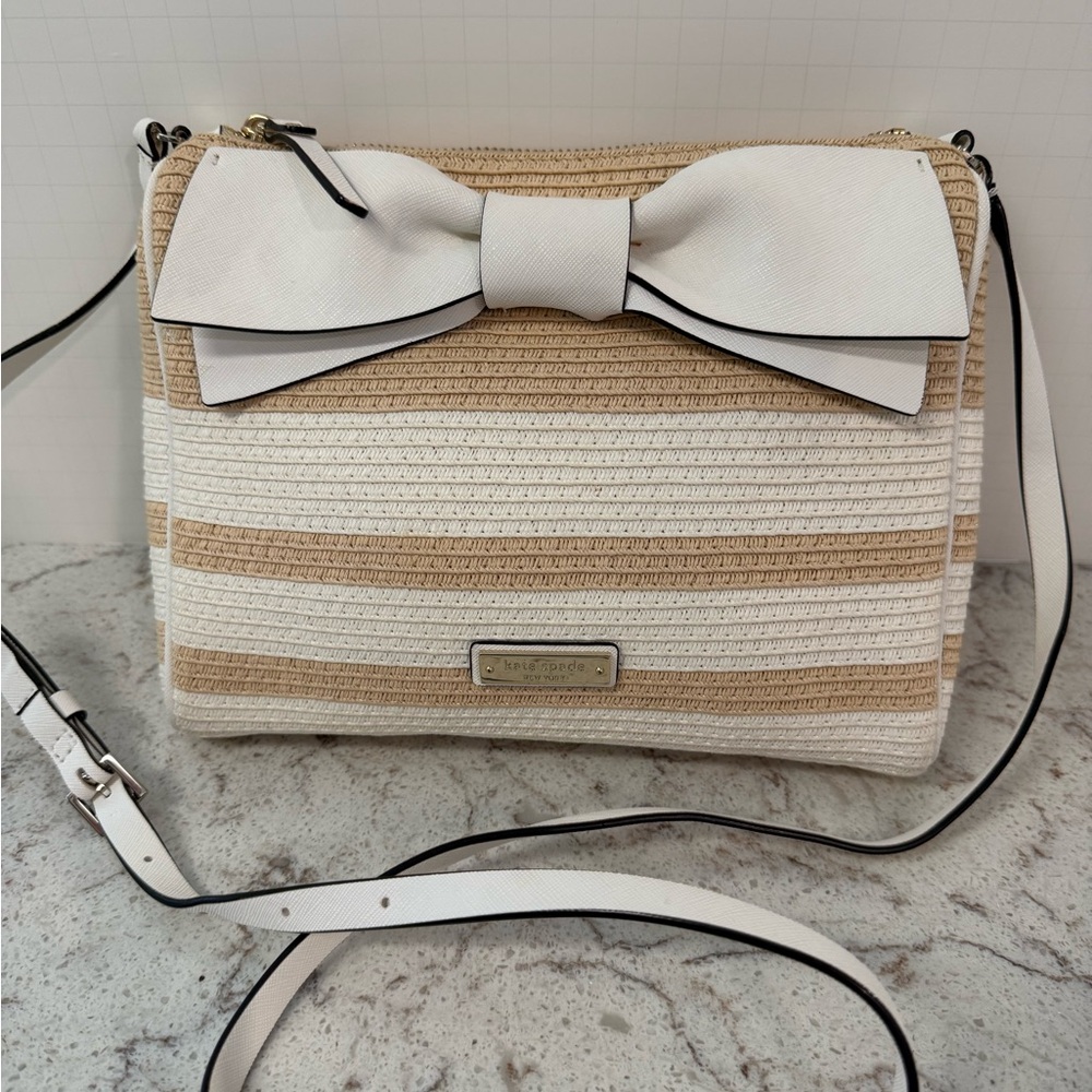 Kate Spade Tan and White Striped Bow Crossbody Bag